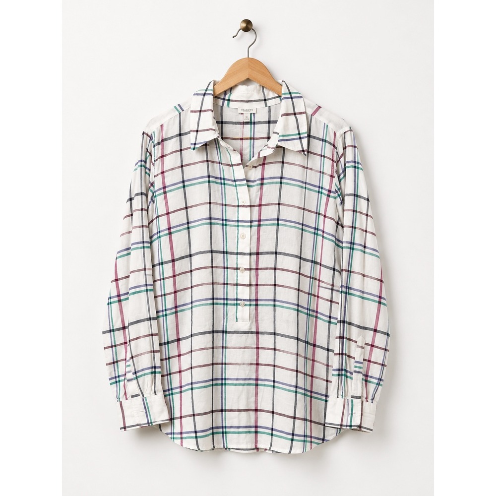 Talbots Plus 1X Cotton Plaid Popover Tunic Shirt Multi-Color Check Long Sleeve